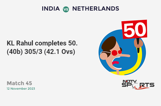 IND vs NED: Match 45: FIFTY! KL Rahul completes 50 (40b, 7x4, 0x6). IND 305/3 (42.1 Ovs). CRR: 7.23